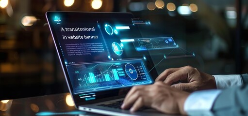 A businessman is using a laptop computer and working on a digital virtual screen hologram