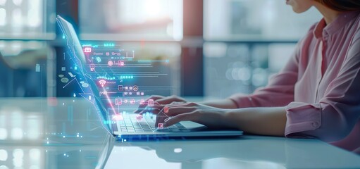 A businessman is using a laptop computer and working on a digital virtual screen hologram