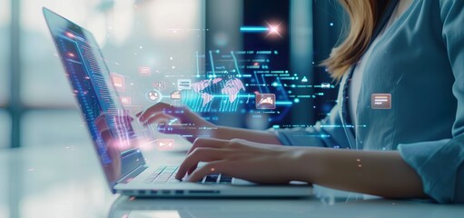 A businessman is using a laptop computer and working on a digital virtual screen hologram