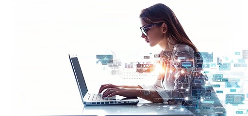 A businessman is using a laptop computer and working on a digital virtual screen hologram