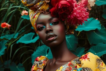 Elegant african woman adorned with a vibrant floral headdress, posing with a backdrop of lush foliage