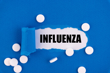 The text INFLUENZA appearing behind torn blue paper.