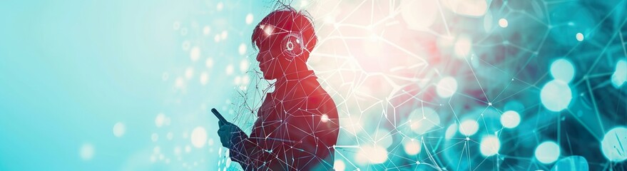 A businessman is using a laptop computer and working on a digital virtual screen hologram