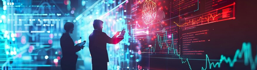 A businessman is using a laptop computer and working on a digital virtual screen hologram