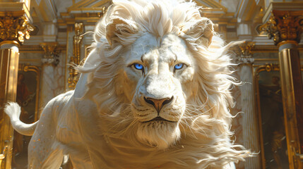 illustration of A majestic white lion strides