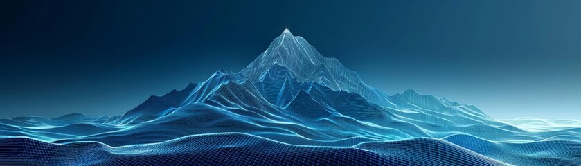 Lowpoly wireframe mountain with a summit target, deep blue tones, symbolizing the journey and challenge of achieving goals