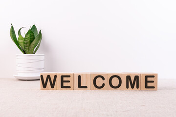 WELCOME word with building blocks on a light background and a green flower