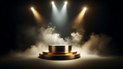 luxurious gold podium stands on a dark background, enveloped in mysterious smoke