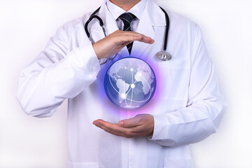 The concept of support and development of world medicine. Doctor protects the globe.