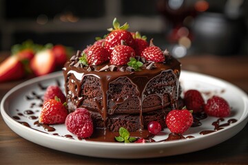 The chocolate cake on the plate