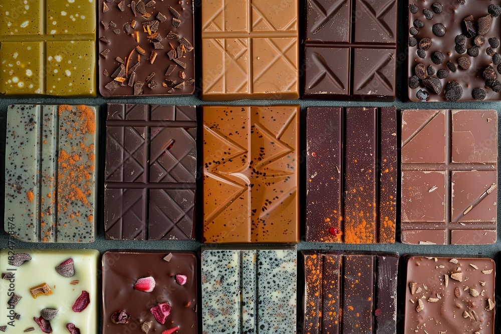 Poster close up view of a variety of richly colored and neatly arranged chocolate bars in different flavors