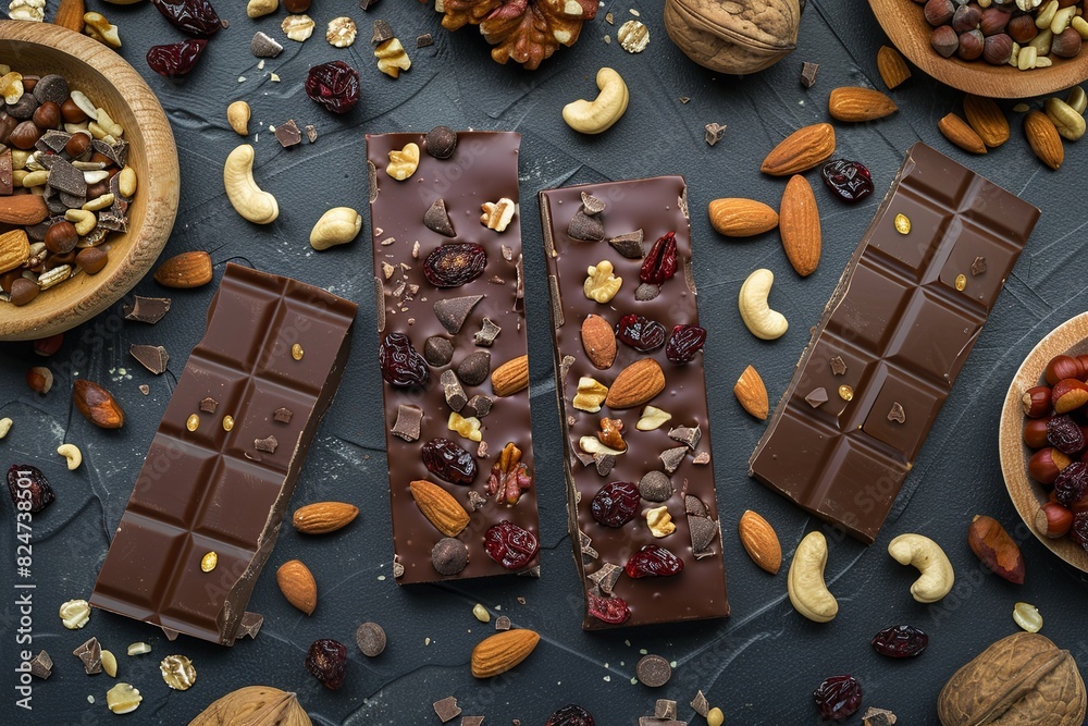 Aufkleber Rich and appetizing chocolate bars topped with nuts and dried cranberries on a wooden table. Generative AI