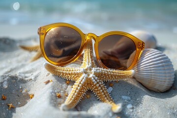 Glasses and starfish placed on the beach
