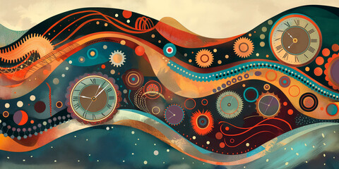 Abstract background with colorful waves and vintage clockmaking patterns. Concept of time, retro design, and artistic craftsmanship