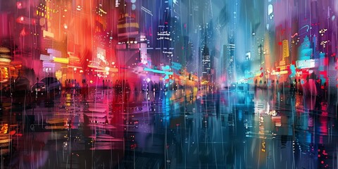 A painting of a city street with people walking and cars driving generated by AI