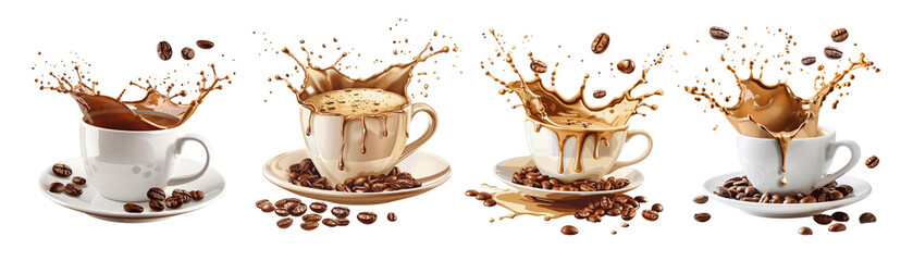 coffee cups with splashing coffee coffee beans isolated cutout set design elements