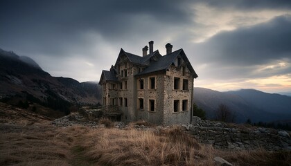 abandoned gloomy damaged mansion in mountains fog forest