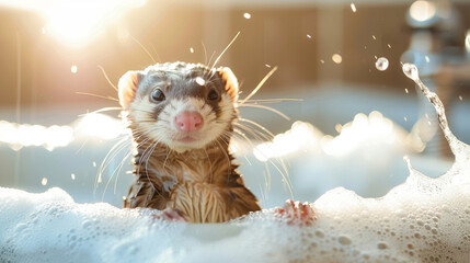 Wet ferret i in the modern bath, with foam and water splash close-up with sunlight.