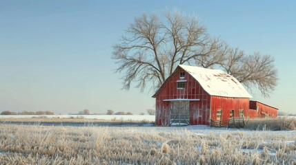 Winter Barn Scene: Idyllic Field Under Clear Sky
