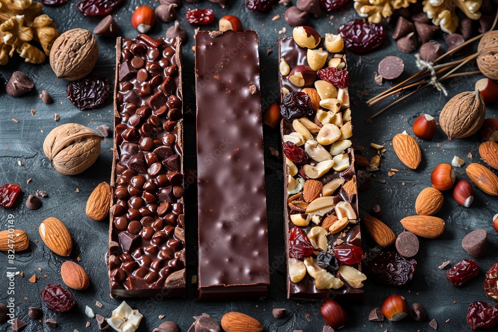 Poster three chocolate bars surrounded by nuts and cranberries on a wooden table. generative ai