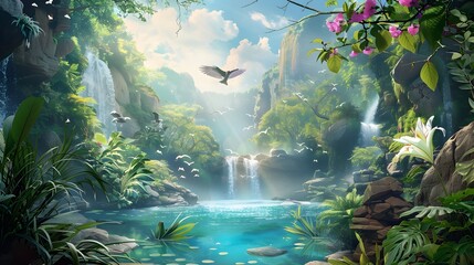 Tranquil waterfall oasis surrounded by tropical flora, Concept of nature's serenity, hidden gems, and paradise foundVector, Art, Illustration, Clipart, On Transparent Background, Transparent, Design,
