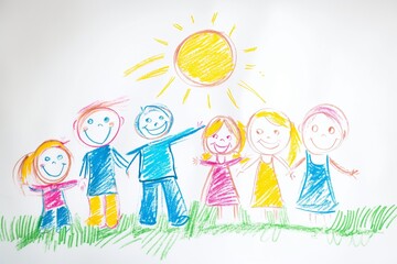 Fototapeta premium Crayon drawing by children, showcasing a family of five with a bright sun overhead, indicating a happy, loving family enjoying a sunny day together, drawn on white paper
