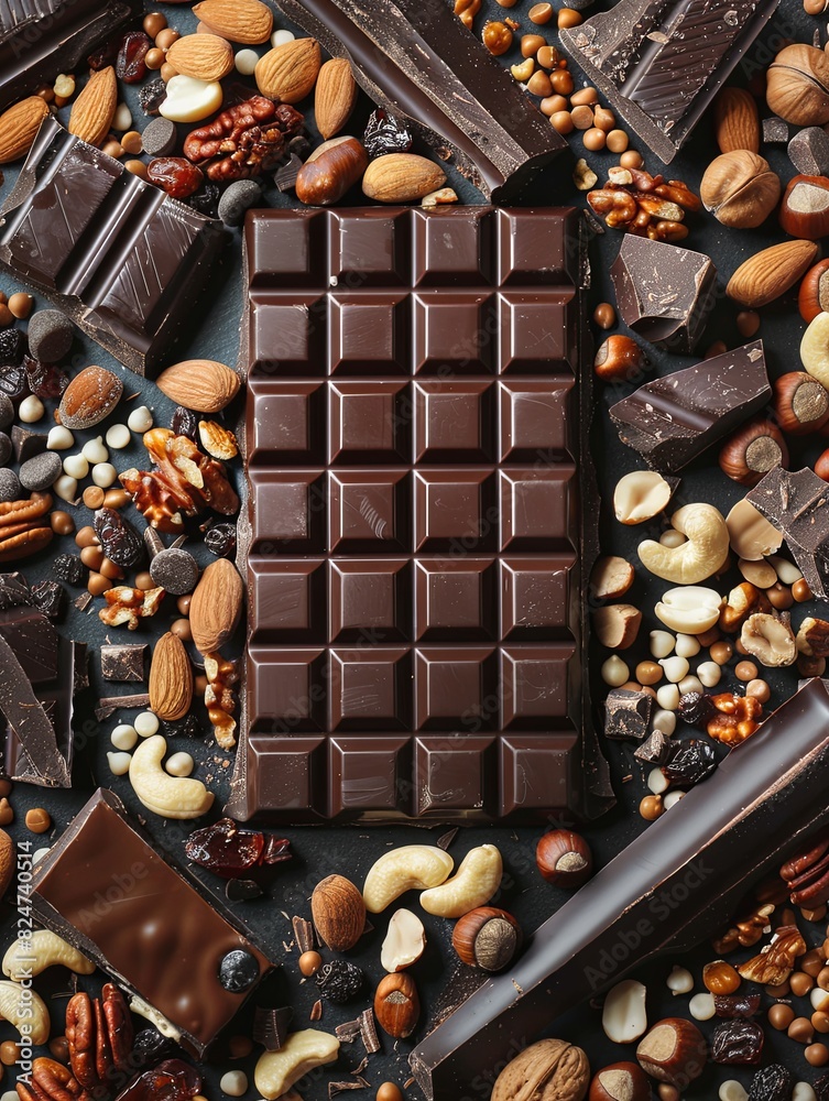 Aufkleber A bar of chocolate surrounded by nuts and chocolate pieces, creating a textured and appetizing display. Generative AI