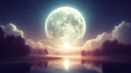 enchanting night scene by the sea, with a full moon illuminating the sky and waters below.