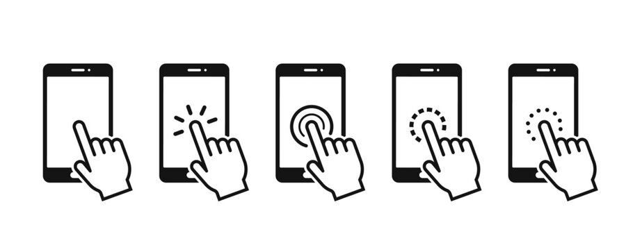 Hand touch screen smartphone icon. Click on the smartphone. Vector icon set