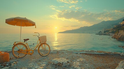 Fototapeta premium Bicycle Parked Next to Beach With Umbrella