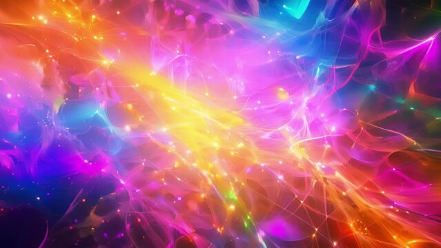 An abstract artwork depicting the complex web of interactions between quarks and gluons in QCD with vibrant colors and intersecting lines.