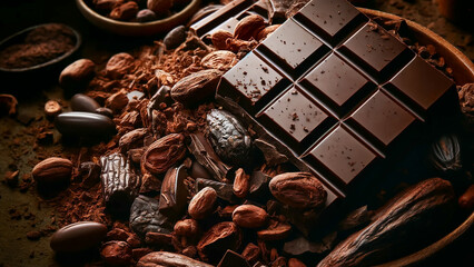 pieces of a chocolate bar scattered among chocolate chips, on a rustic metal background.