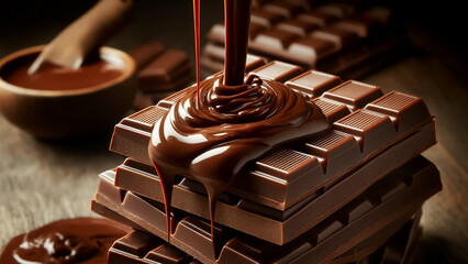 melted chocolate is poured over a stack of chocolate bars.