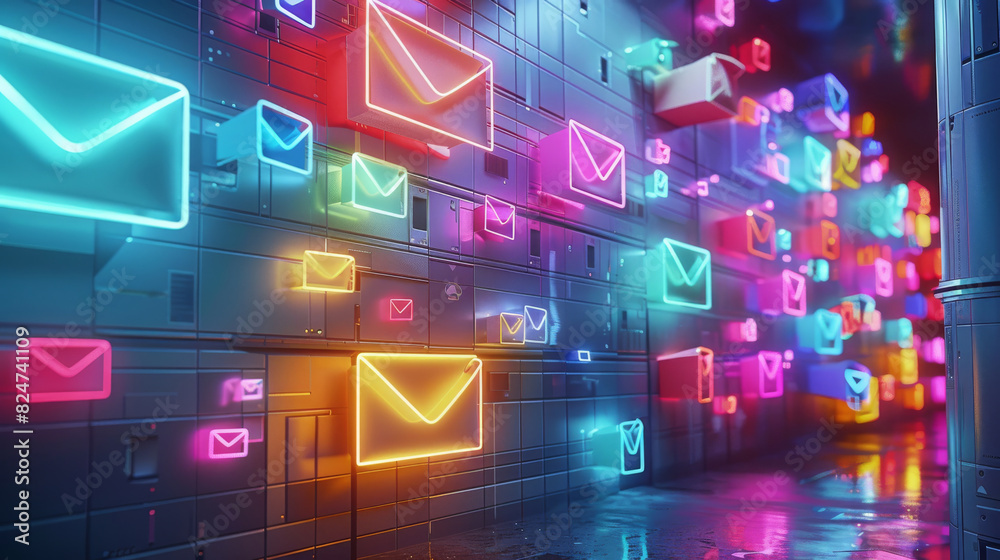 Aufkleber a 3d digital mailbox overflowing with colorful, glowing emails. each email springs to life. generati