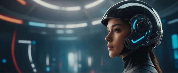 Woman wearing a futuristic helmet standing in a virtual