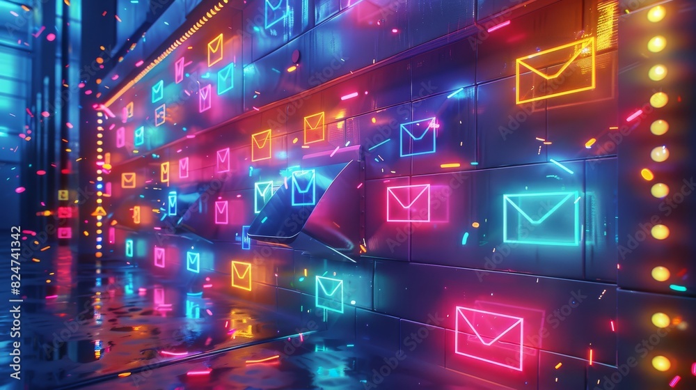 Poster a 3d digital mailbox overflowing with colorful, glowing emails. each email springs to life. generati