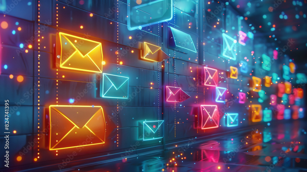 Poster a 3d digital mailbox overflowing with colorful, glowing emails. each email springs to life. generati