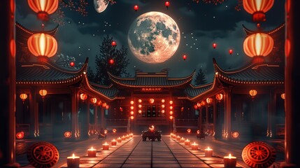 A traditional Chinese courtyard at night. The courtyard is illuminated by moonlight, with a long table in the center adorned with red candles and traditional Chinese fans. Generative AI.
