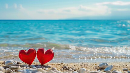 Fototapeta premium Two paper hearts on the beach. Honeymoon couple background concept