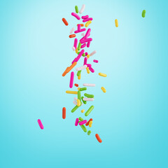 Colorful Sprinkles For Cakes And Bakery Items Falling From Top On cyan Background 3D Illustration