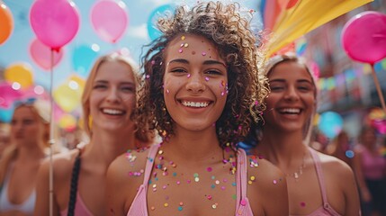 Ultra-realistic group of teens with colorful flags and happy expressions, celebrating Pride Month at sunset