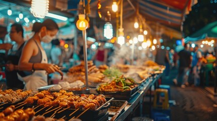 Vibrant Night Market with Diverse Cuisine and Neon Lights - Exciting Street Food Scene
