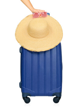 Suitcase,Straw hat  and sunglasses isolated on transparent background. Travel concept