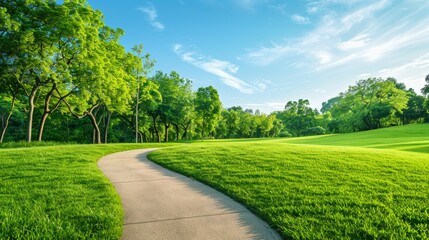 curving pathway in a park, vibrant green grass on either side.