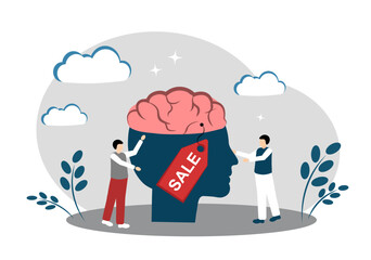 The human mind. The human brain. The concept of labor discounts. Discounts and promotions. Brain with a tag