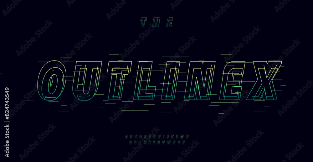 Poster Futuristic outline font with glitch effect. dynamic digital letters, sleek tech font for modern headlines, high-tech branding, innovative display, contemporary visual identity. Vector typeset