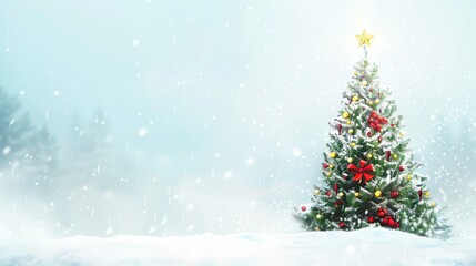 A beautifully decorated Christmas tree stands in a snowy landscape, adorned with lights, ornaments, and a star on top, creating a festive atmosphere.