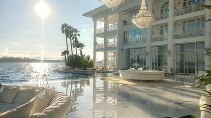 The most beautiful waterfront hotel in the world, white, shiny, sparkle. Generative AI.