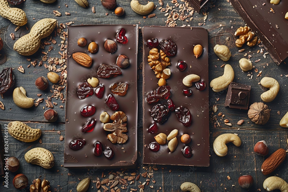 Poster two chocolate bars topped with nuts and chocolate pieces, arranged on a table with high detail and r