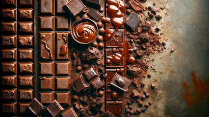 pieces of a chocolate bar scattered among chocolate chips, on a rustic metal background.